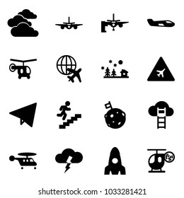 Solid vector icon set - clouds vector, plane, boarding passengers, small, helicopter, globe, christmas landscape, airport road sign, paper fly, career, moon flag, cloud ladder, storm, rocket, toy