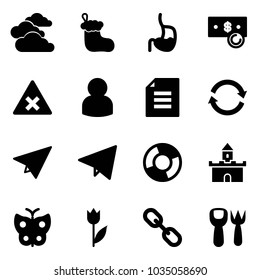 Solid vector icon set    clouds vector  christmas sock  stomach  cash  railway intersection road sign  user  document  refresh  paper plane  fly  circle chart  sand fort  butterfly  tulip  link