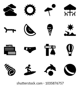 Solid vector icon set - clouds vector, sun, beach, outdoor cafe, lounger, watermelone, ice cream, reading, sea hotel, swimsuit, ship bell, air balloon, shell, surfing, dolphin, ball