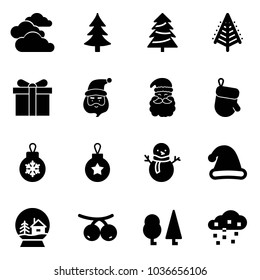 Solid vector icon set - clouds vector, christmas tree, gift, santa claus, glove, ball, snowman, hat, snowball house, rowanberry, forest, snow