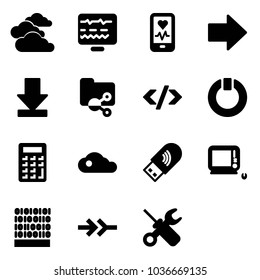 Solid vector icon set - clouds vector, diagnostic monitor, mobile heart, right arrow, download, shared folder, tag code, standby, calculator, cloud, usb wi fi, monoblock pc, binary, connect