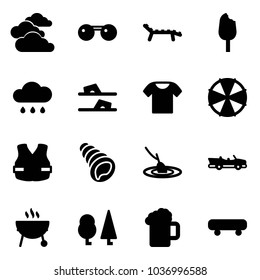 Solid Vector Icon Set - Clouds Vector, Sunglasses, Lounger, Ice Cream, Rain Cloud, Flip Flops, T Shirt, Parasol, Life Vest, Shell, Fishing, Cabrio, Grill, Forest, Beer, Skateboard