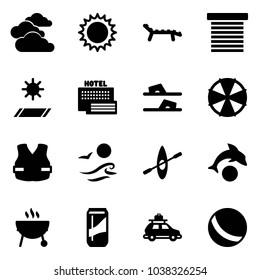 Solid vector icon set - clouds vector, sun, lounger, jalousie, mat, sea hotel, flip flops, parasol, life vest, waves, kayak, dolphin, grill, drink, car baggage, ball