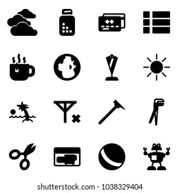Solid vector icon set - clouds vector, pills bottle, credit card, menu, hot tea, globe, pennant, sun, palm, no signal, mason hammer, plumber, scissors, generator, ball, robot