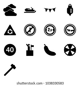 Solid vector icon set - clouds vector, snowmobile, flag garland, drop counter, round motion road sign, no parkin odd, limited width, cart horse, minimal speed limit, win, banana, parasol