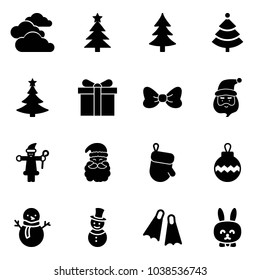 Solid vector icon set - clouds vector, christmas tree, gift, bow, santa claus, glove, ball, snowman, flippers, toy rabbit