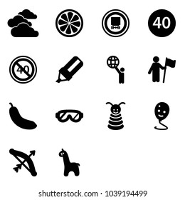 Solid vector icon set - clouds vector, lemon slice, no dangerous cargo road sign, minimal speed limit, end, highlight marker, world, win, banana, protective glasses, pyramid toy, balloon smile, bow