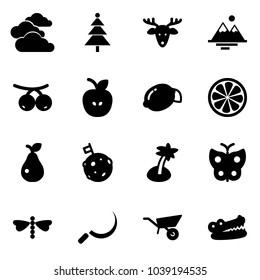 Solid vector icon set - clouds vector, christmas tree, deer, mountains, rowanberry, apple, lemon, slice, pear, moon flag, palm, butterfly, dragonfly, sickle, wheelbarrow, crocodile