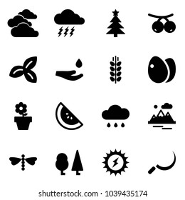 Solid vector icon set - clouds vector, storm, christmas tree, rowanberry, three leafs, drop hand, spica, eggs, flower pot, watermelone, rain cloud, mountains, dragonfly, forest, sun power, sickle