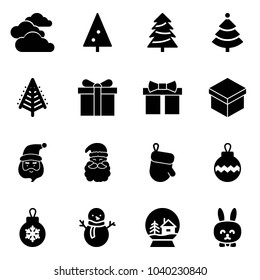 Solid vector icon set - clouds vector, christmas tree, gift, santa claus, glove, ball, snowman, snowball house, toy rabbit