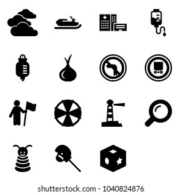 Solid vector icon set - clouds vector, snowmobile, hospital building, drop counter, onion, no left turn road sign, dangerous cargo, win, parasol, lighthouse, magnifier, pyramid toy, horse stick