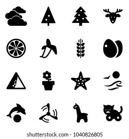 Solid vector icon set - clouds vector, christmas tree, deer, lemon slice, banana, spica, eggs, landslide road sign, flower pot, starfish, waves, dolphin, wind mill, toy giraffe, cat