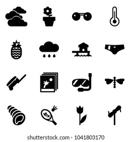 Solid vector icon set - clouds vector, flower pot, sunglasses, thermometer, pineapple, rain cloud, bungalow, swimsuit, suitcase, photo, diving, dragonfly, shell, badminton, tulip, toy windmill