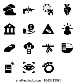 Solid vector icon set - clouds vector, boarding passengers, plane globe, heart, bank, investment, multi lane traffic road sign, idea, gold, cloud ladder, opening, hotel, server wireless, eye scanner