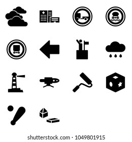Solid vector icon set - clouds vector, hospital building, no trailer road sign, dangerous cargo, left arrow, win, rain cloud, lighthouse, pipe welding, paint roller, cube toy, baseball bat