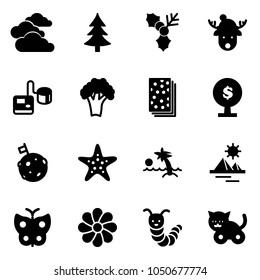 Solid vector icon set - clouds vector, christmas tree, holly, deer hat, tonometer, broccoli, breads, money, moon flag, starfish, palm, pyramid, butterfly, flower, toy caterpillar, cat