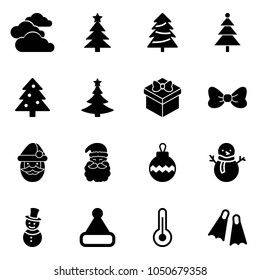 Solid vector icon set - clouds vector, christmas tree, gift, bow, santa claus, ball, snowman, hat, thermometer, flippers