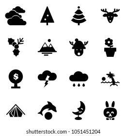 Solid vector icon set - clouds vector, christmas tree, deer, holly, mountains, hat, flower pot, money, storm, rain cloud, palm, tent, dolphin, moon lamp, toy rabbit