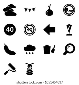 Solid vector icon set - clouds vector, flag garland, onion, no trailer road sign, minimal speed limit, end, left arrow, pennant, banana, rain cloud, bucket scoop, magnifier, paint roller