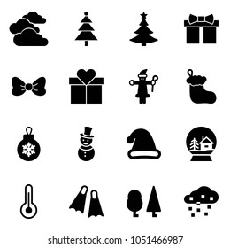 Solid vector icon set - clouds vector, christmas tree, gift, bow, santa claus, sock, ball, snowman, hat, snowball house, thermometer, flippers, forest, snow