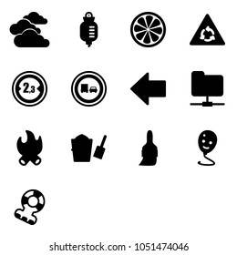 Solid vector icon set - clouds vector, drop counter, lemon slice, round motion road sign, limited width, no truck overtake, left arrow, network folder, fire, bucket scoop, brush, balloon smile