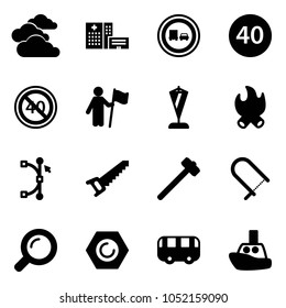 Solid vector icon set - clouds vector, hospital building, no truck overtake road sign, minimal speed limit, end, win, pennant, fire, bezier, saw, sledgehammer, fretsaw, magnifier, nut, toy bus, boat