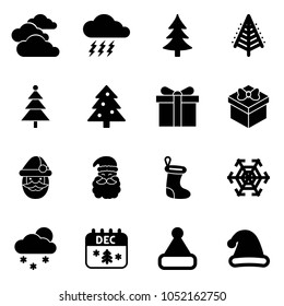 Solid vector icon set - clouds vector, storm, christmas tree, gift, santa claus, sock, snowflake, snowfall, calendar, hat