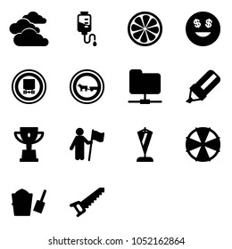 Solid vector icon set - clouds vector, drop counter, lemon slice, dollar smile, no dangerous cargo road sign, cart horse, network folder, highlight marker, win cup, pennant, parasol, bucket scoop