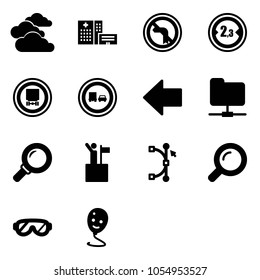 Solid vector icon set - clouds vector, hospital building, no left turn road sign, limited width, dangerous cargo, truck overtake, arrow, network folder, magnifier, win, bezier, protective glasses