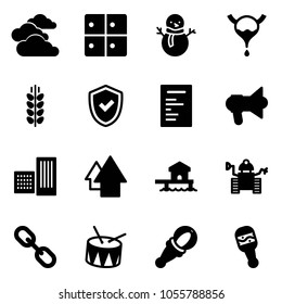 Solid vector icon set - clouds vector, baggage room, snowman, bladder, spice, shield check, document, megaphone, building, arrow up, bungalow, robot, link, drum, beanbag