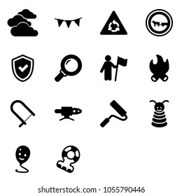 Solid vector icon set - clouds vector, flag garland, round motion road sign, no cart horse, shield check, magnifier, win, fire, fretsaw, pipe welding, paint roller, pyramid toy, balloon smile