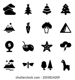 Solid vector icon set - clouds vector, christmas tree, mountains, carrot, broccoli, landslide road sign, money, coconut cocktail, starfish, storm, dragonfly, forest, toy giraffe