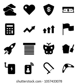 Solid vector icon set - clouds vector, heart, safe, cash, calculator, growth arrow, arrows up, flag, rocket, jalousie, butterfly, bucket scoop, power bank, identity card, fretsaw, boomerang