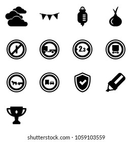 Solid vector icon set - clouds vector, flag garland, drop counter, onion, no parkin odd, trailer road sign, limited width, dangerous cargo, cart horse, truck overtake, shield check, highlight marker