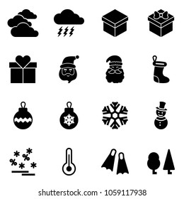 Solid vector icon set - clouds vector, storm, gift, santa claus, christmas sock, ball, snowflake, snowman, sale, thermometer, flippers, forest