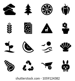 Solid vector icon set - clouds vector, christmas tree, lemon slice, sweet pepper, spica, breads, wild animals road sign, flower pot, sproute, watermelone, waves, shell, recycling, wheelbarrow