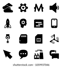 Solid vector icon set - clouds vector, heart gear, monero, low volume, rocket, brain work, terms plan, mobile phone, laser, micro flash card, sim, wind mill, cursor, chat, plant, machine tool