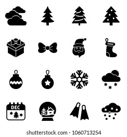 Solid vector icon set - clouds vector, christmas tree, gift, bow, santa claus, sock, ball, snowflake, snowfall, calendar, snowball house, flippers, snow