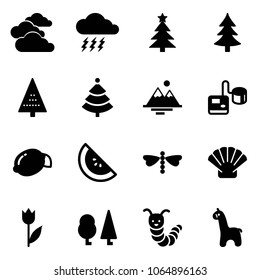 Solid vector icon set - clouds vector, storm, christmas tree, mountains, tonometer, lemon, watermelone, dragonfly, shell, tulip, forest, toy caterpillar, giraffe