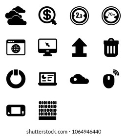 Solid vector icon set - clouds vector, money click, limited width road sign, distance, browser globe, monitor cursor, uplooad, trash bin, standby, statistics, cloud, mouse wireless, game console