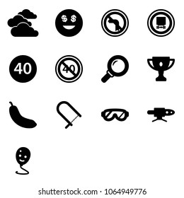Solid vector icon set - clouds vector, dollar smile, no left turn road sign, dangerous cargo, minimal speed limit, end, magnifier, gold cup, banana, fretsaw, protective glasses, pipe welding