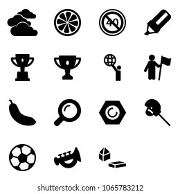 Solid vector icon set - clouds vector, lemon slice, end minimal speed limit road sign, highlight marker, win cup, gold, world, banana, magnifier, nut, horse stick toy, soccer ball, horn