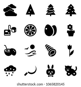 Solid vector icon set - clouds vector, christmas tree, tonometer, lemon slice, eggs, flower pot, coconut cocktail, waves, shell, tulip, snow, sickle, toy rabbit, cat