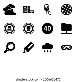 Solid vector icon set - clouds vector, hospital building, drop counter, lemon slice, no dangerous cargo road sign, minimal speed limit, network folder, magnifier, highlight marker, rain cloud