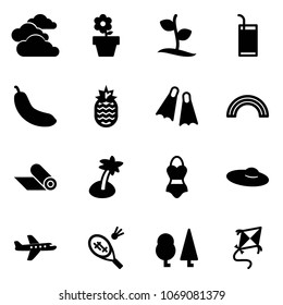Solid vector icon set - clouds vector, flower pot, sproute, drink, banana, pineapple, flippers, rainbow, mat, palm, swimsuit, woman hat, plane, badminton, forest, kite