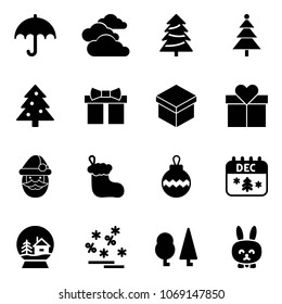 Solid vector icon set - clouds, christmas tree, gift, santa claus, sock, ball, calendar, snow globe house, sale, forest, toy rabbit