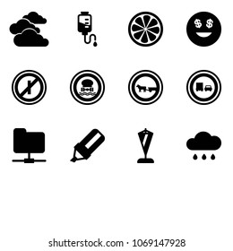 Solid vector icon set - clouds vector, drop counter, lemon slice, dollar smile, no parkin odd, dangerous cargo road sign, cart horse, truck overtake, network folder, highlight marker, pennant