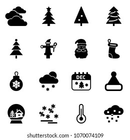 Solid vector icon set - clouds vector, christmas tree, santa claus, sock, ball, snowfall, calendar, hat, snowball house, sale, thermometer, snow