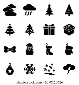 Solid vector icon set - clouds vector, storm, christmas tree, gift, bow, santa claus, sock, glove, ball, snowflake, sale