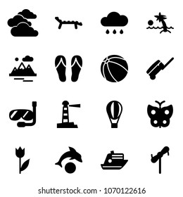 Solid vector icon set - clouds vector, lounger, rain cloud, palm, mountains, flip flops, ball, suitcase, diving, lighthouse, air balloon, butterfly, tulip, dolphin, cruiser, toy windmill